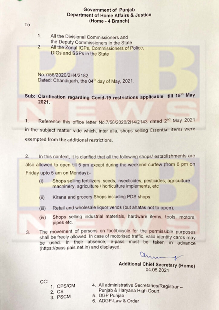 exemption for opening liquor contracts cariana groceries and depots will also be able to open pass is necessary after going by car Chandigarh Punjab