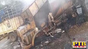 massive fire after a head on collision between acid and alcohol laden vehicles tanker driver dies Chandigarh Ropar Road Punjab