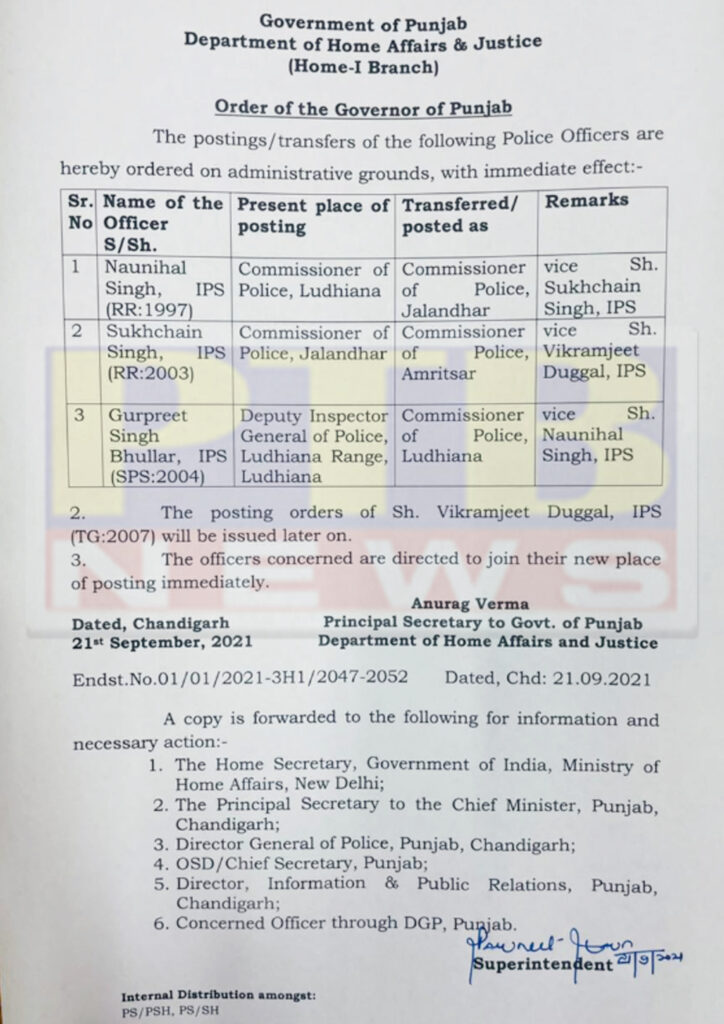 Jalandhar Police Commissioner Dr Sukhchain Singh Gill transferred Gurpreet Singh Bhullar appointed as Police Commissioner of Ludhiana Naunihal Singh will be the new police commissioner of Jalandhar Punjab