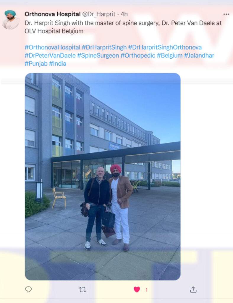 specialist of the famous Orthonova Hospital of Jalandhar Dr Harpreet Singh participates in spine surgery in Belgium
