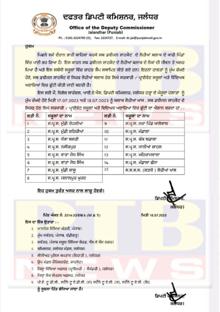 which-schools-in-jalandhar-district-will-have-holiday-till-17-07-2023-and-18-07-2023-dc-issued-orders